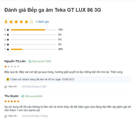 Đánh giá từ người dùng bếp gas âm TeKa GT LUX 75 2G AI AL 2TR