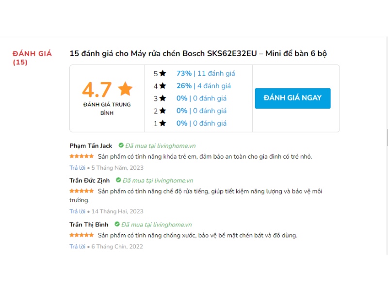 Đánh giá khách hàng về Máy rửa chén mini Bosch SKS62E32EU