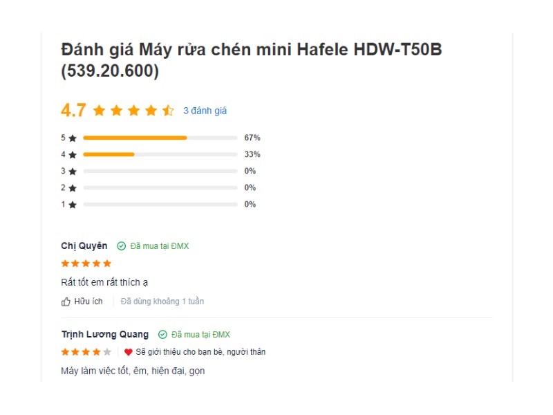 Đánh giá khách hàng về máy rửa chén mini Hafele Hdw T50b